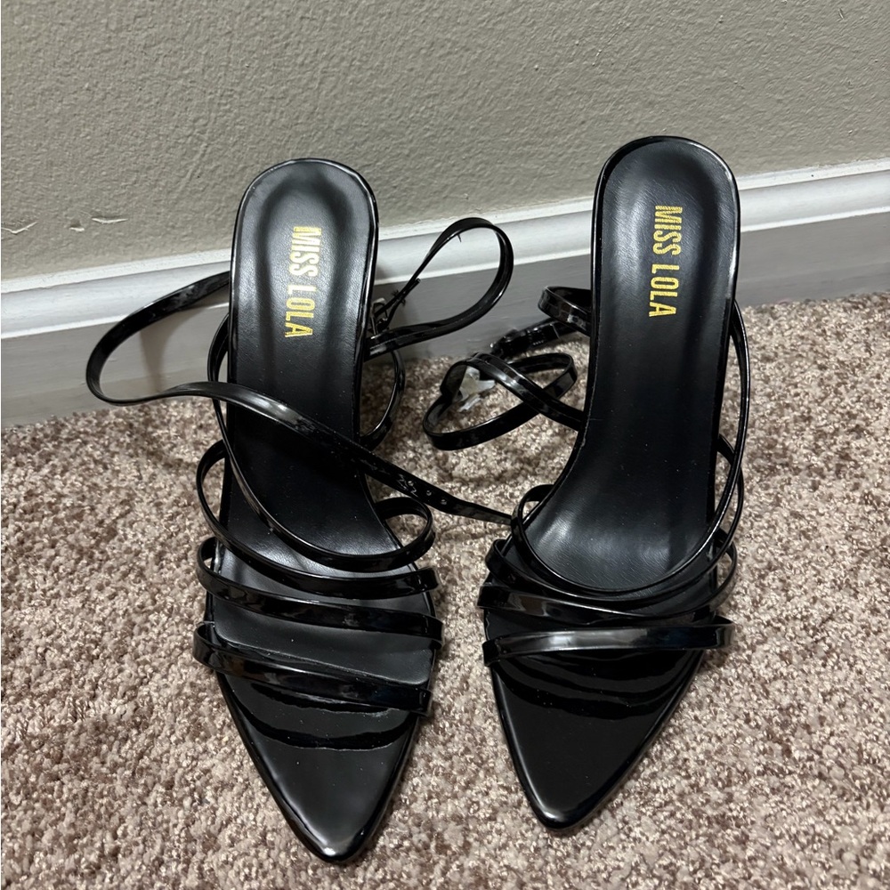 Miss Lola Glossy Black Strappy Heels